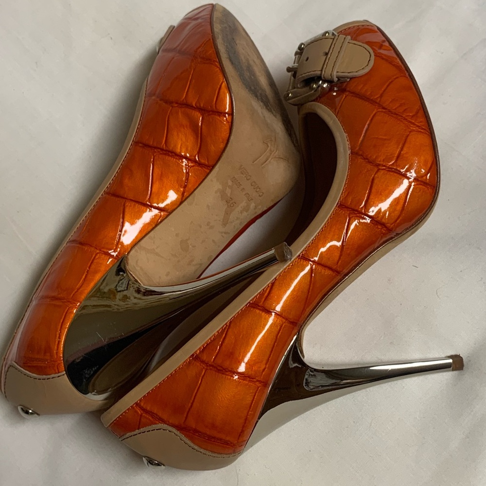 Giuseppe Zanotti Orange and Tan Croc-Embossed Heels Sz 36/6. Price Firm.